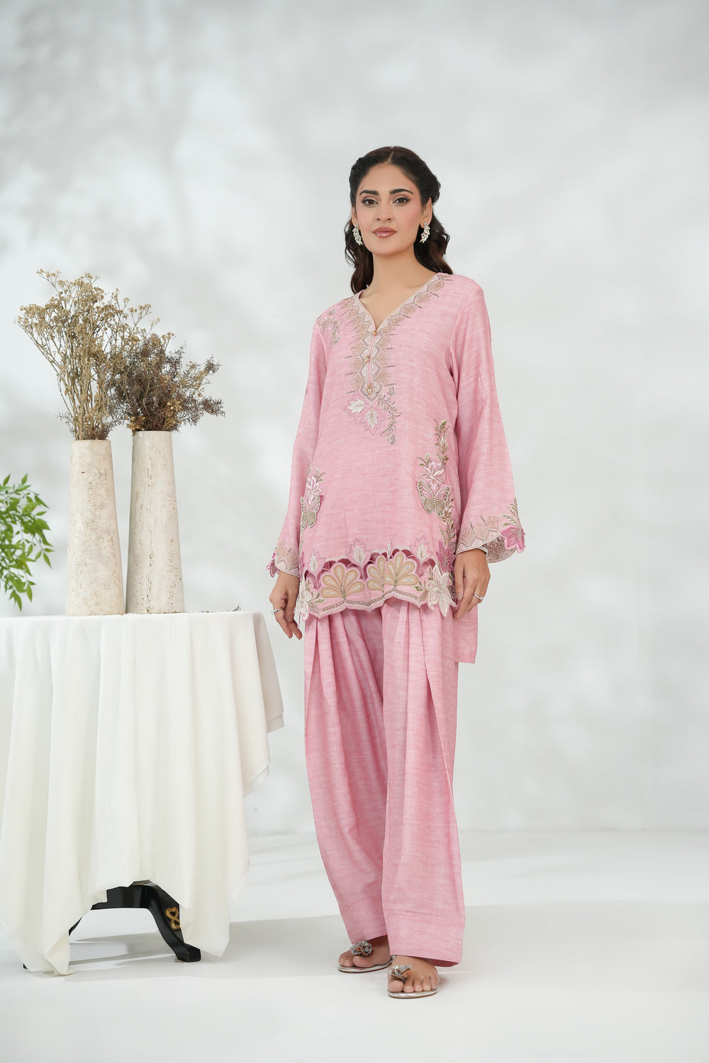 Floral Cutwork Short Shirt with Farshi Shalwar