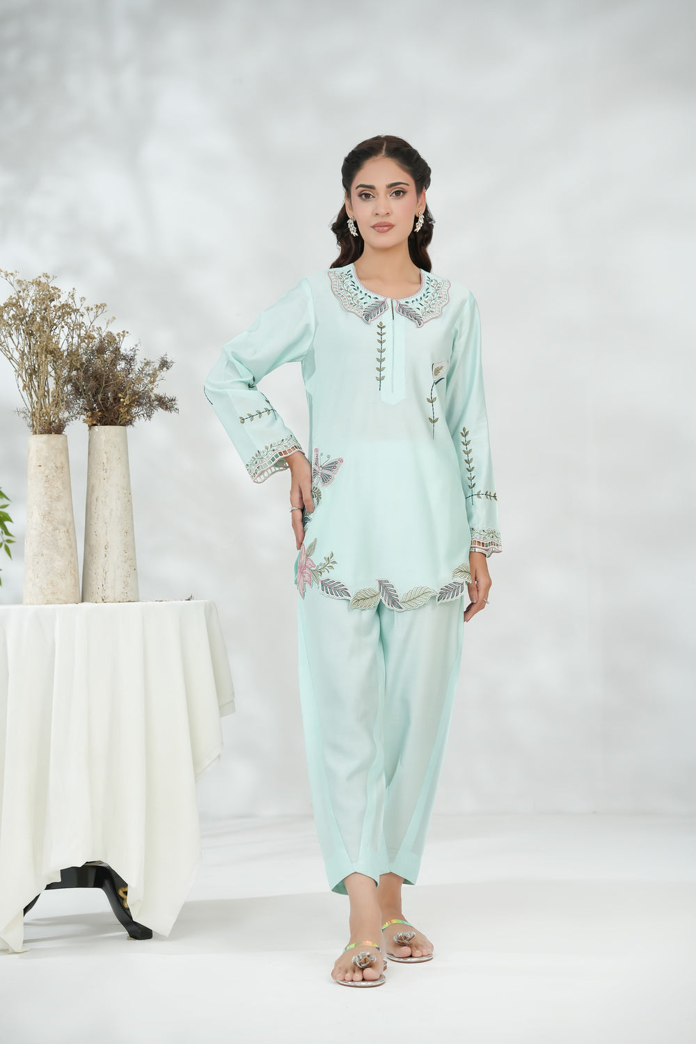 Ice BlueCollared Shirt with Minimal Embroidery