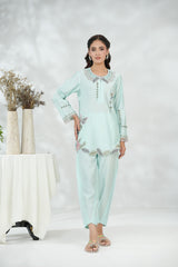 Ice BlueCollared Shirt with Minimal Embroidery