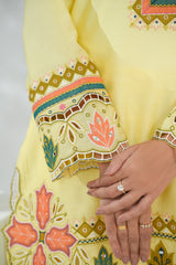 Yellow Short Shirt with Minimal Contrast Embroidery & Shalwar