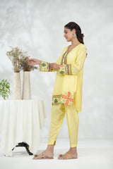 Yellow Floral Embroidered Shirt with Straight Trousers