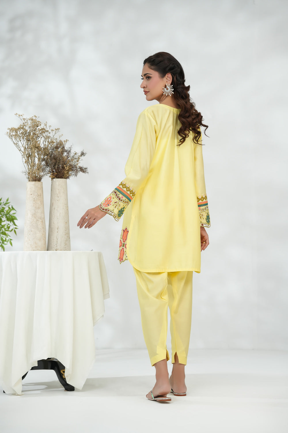 Yellow Floral Embroidered Shirt with Straight Trousers