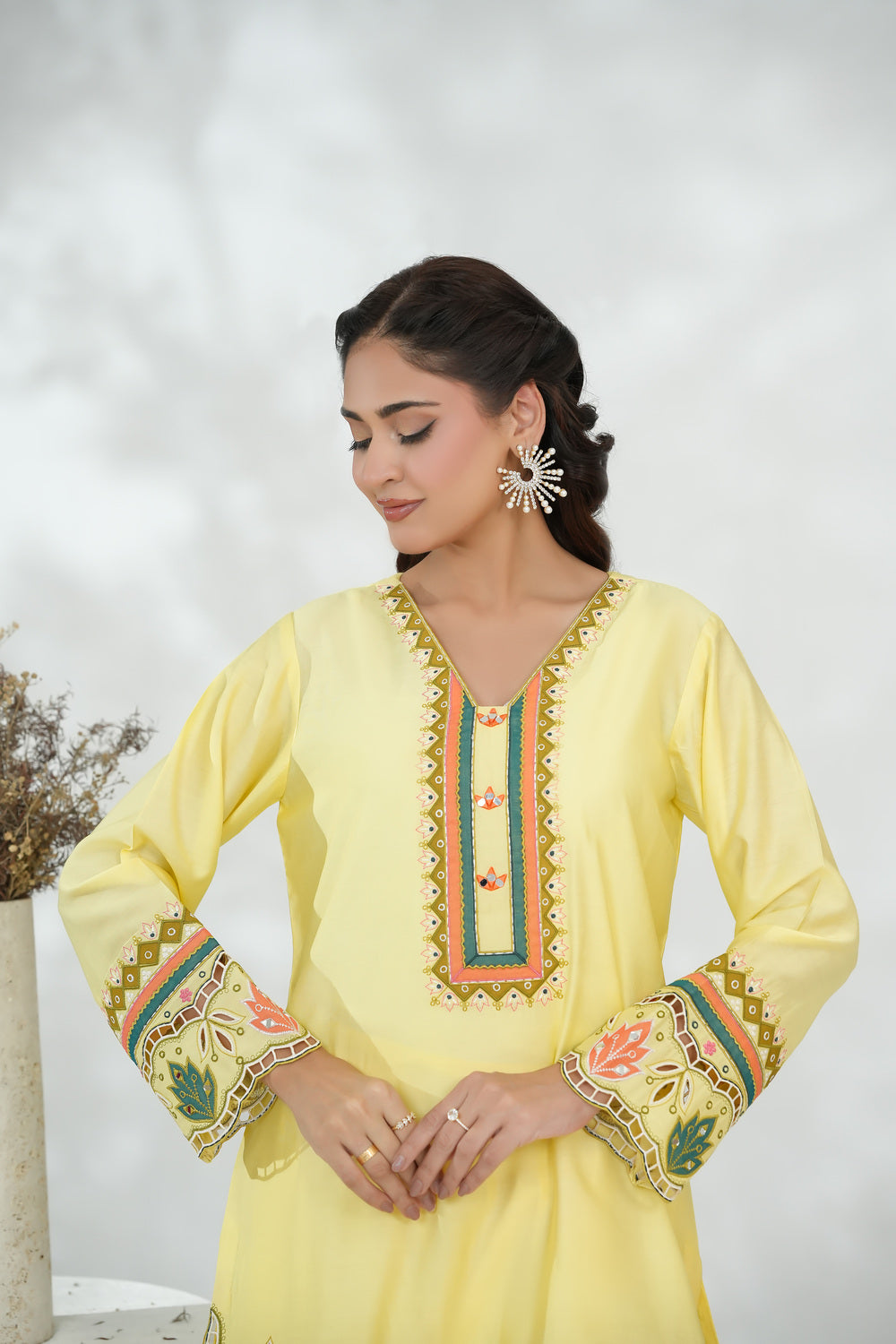 Yellow Short Shirt with Minimal Contrast Embroidery & Shalwar