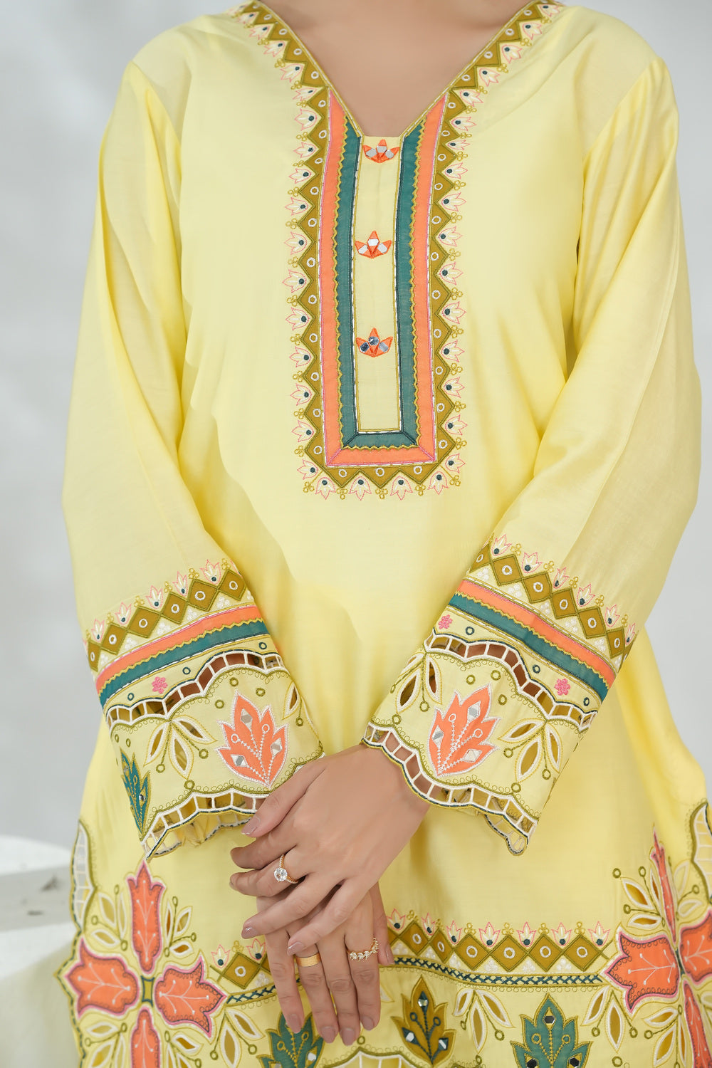 Yellow Floral Embroidered Shirt with Straight Trousers